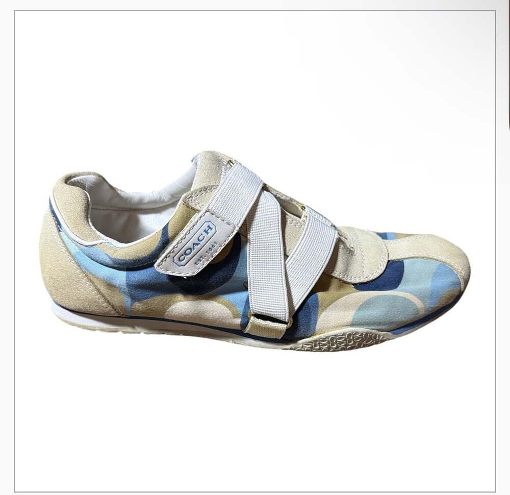 Coach Kyrie Blue and Cream Signature Monogram Velcro Sneakers Size 7.5M